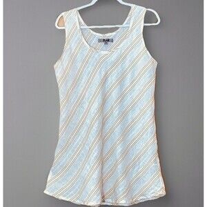 FLAX Tunic M Linen Striped Sleeveless Dress Natural Mustard Lagenlook Beach Boho